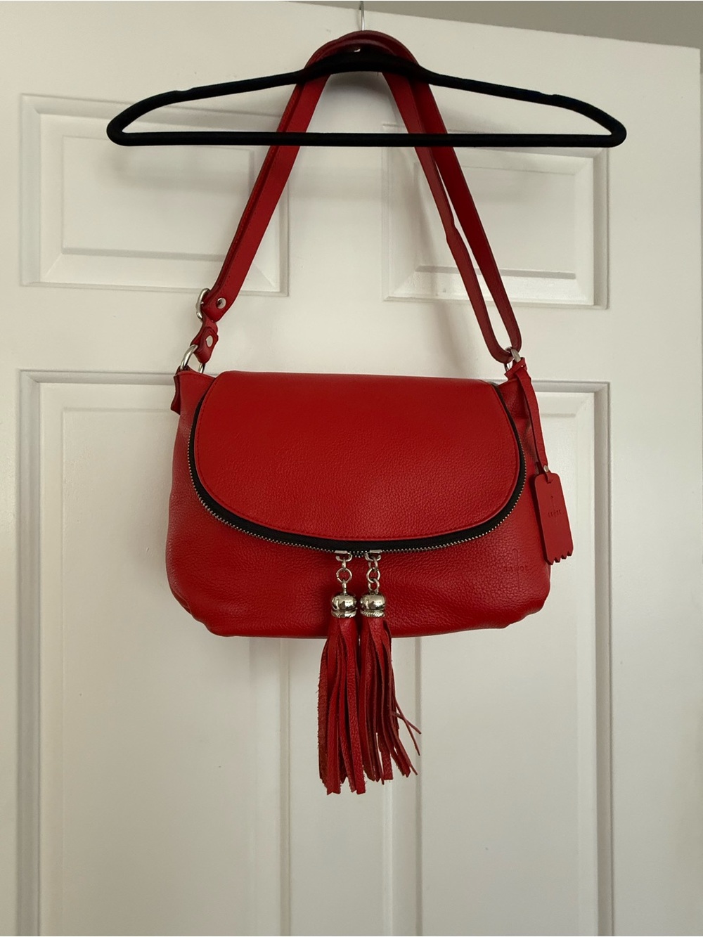 Red Leather Shoulder Bag with Tassel Detail